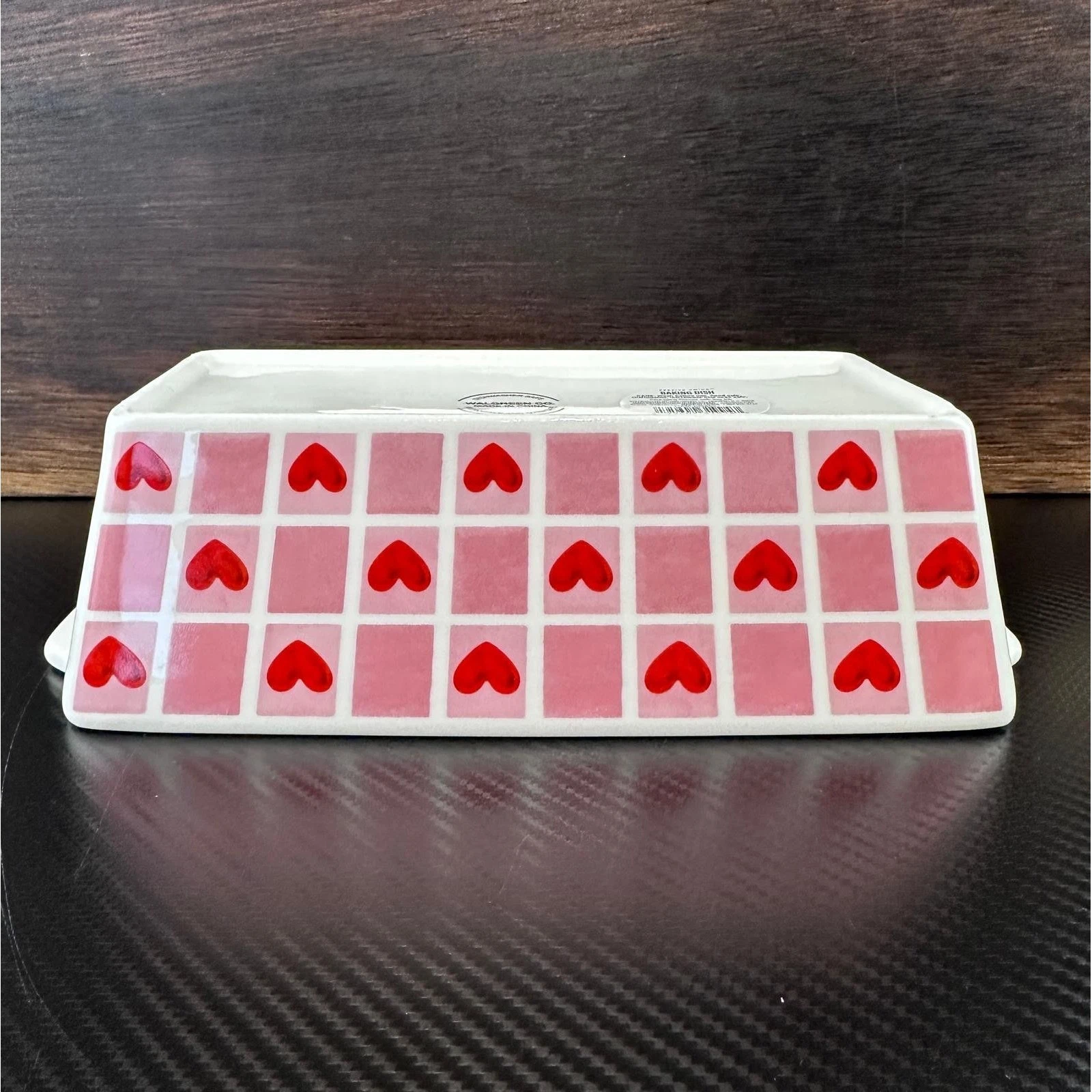 Festive Voice Walgreen Co Red Heart Pink Checkered Ceramic Baking Dish Loaf Pan
