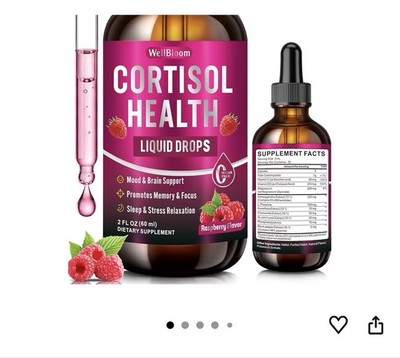 WellBloom Cortisol Health Liquid Drops Raspberry Sugar-Free 2 fl oz Stress Sleep
