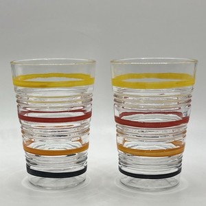 • 3" Tall ANCHOR HOCKING MCM BANDED RING Whiskey Shot Glasses Multi Color Bands