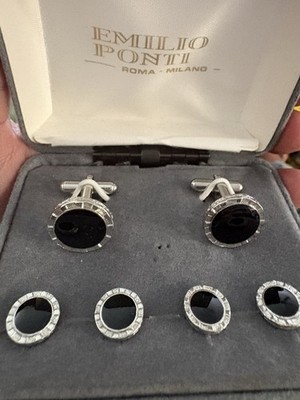 Emilio Ponti Cufflinks Button Set Black & Silver-toned