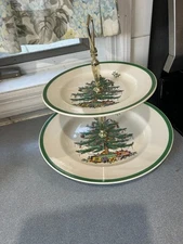 FESTIVE SPODE CHRISTMAS TREE S3324 P TWO TIER TIDBIT TRAY ENGLAND 10" X 10.25"