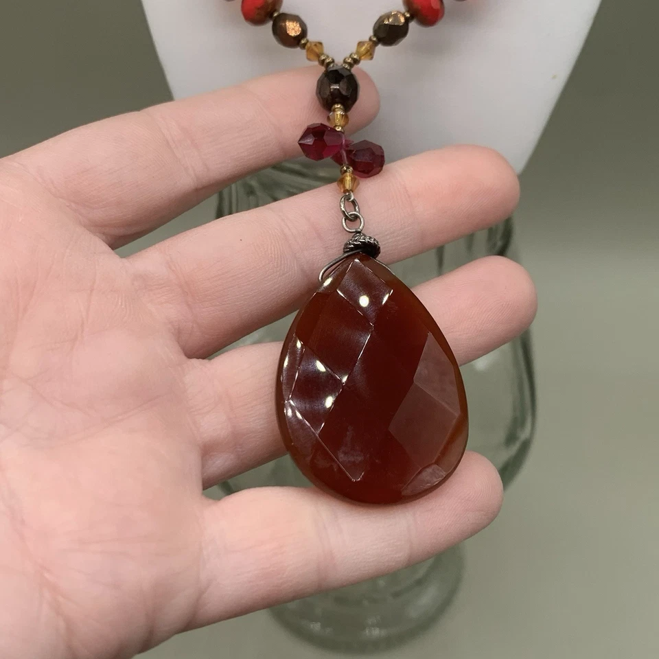 Amber Red Beaded Statement Necklace Glass Faceted Teardrop Pendant Boho Fall - Image 4 of 4