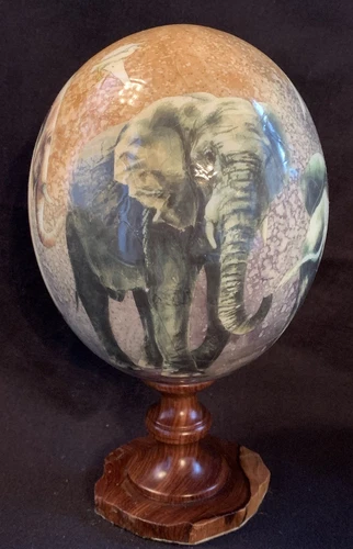 VTG Sherry Rowe Signed Decoupaged Elephants Ostrich Egg, Olive Wood Base 8.75"