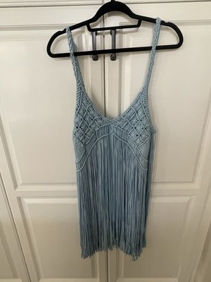 Boston Proper Light Blue Crochet Fringe Mini Dress V-Neck Sleeveless Size M