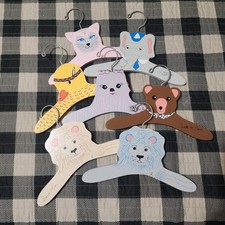 Vtg Kids Wooden Animal Clothes Hangers Lot of 7 Hand Painted Nursery Decor 80s