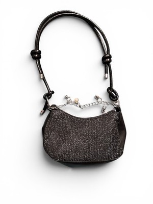 Black Glitter Shoulder Bag w/ Silver Chain Charm, Chain Strap, Zip