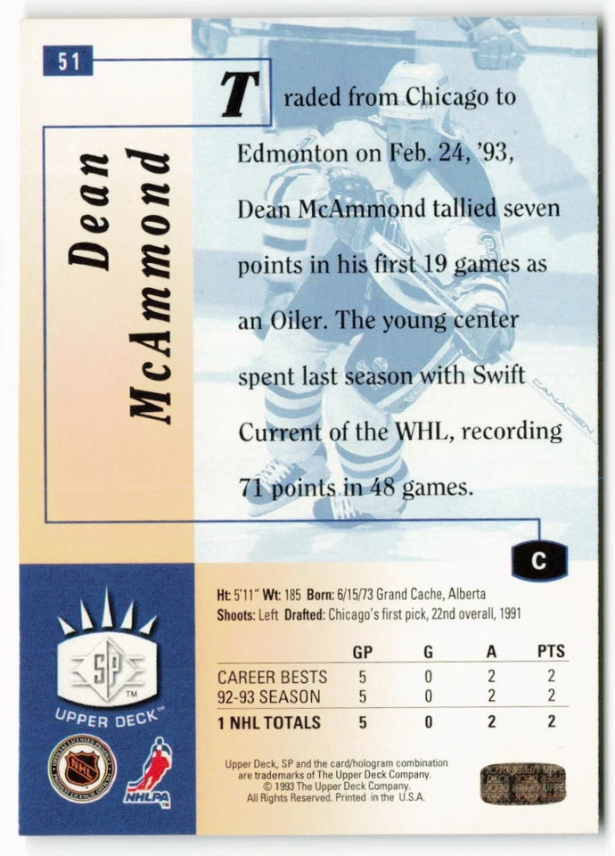 1993-94 Dean McAmmond Upper Deck SP - Edmonton Oilers - Image 2 of 2