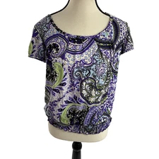 AB Studio Top Womens M Paisley Print Short Sleeve Blouse Elastic Hem