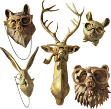 Gold Brass Animal Head Wall Decor - 5Pcs for Home, Pub & Gift Ideas