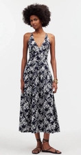Madewell Cotton Smocked Halter Poplin Midi Dress Sz 4 Deep Indigo White Floral