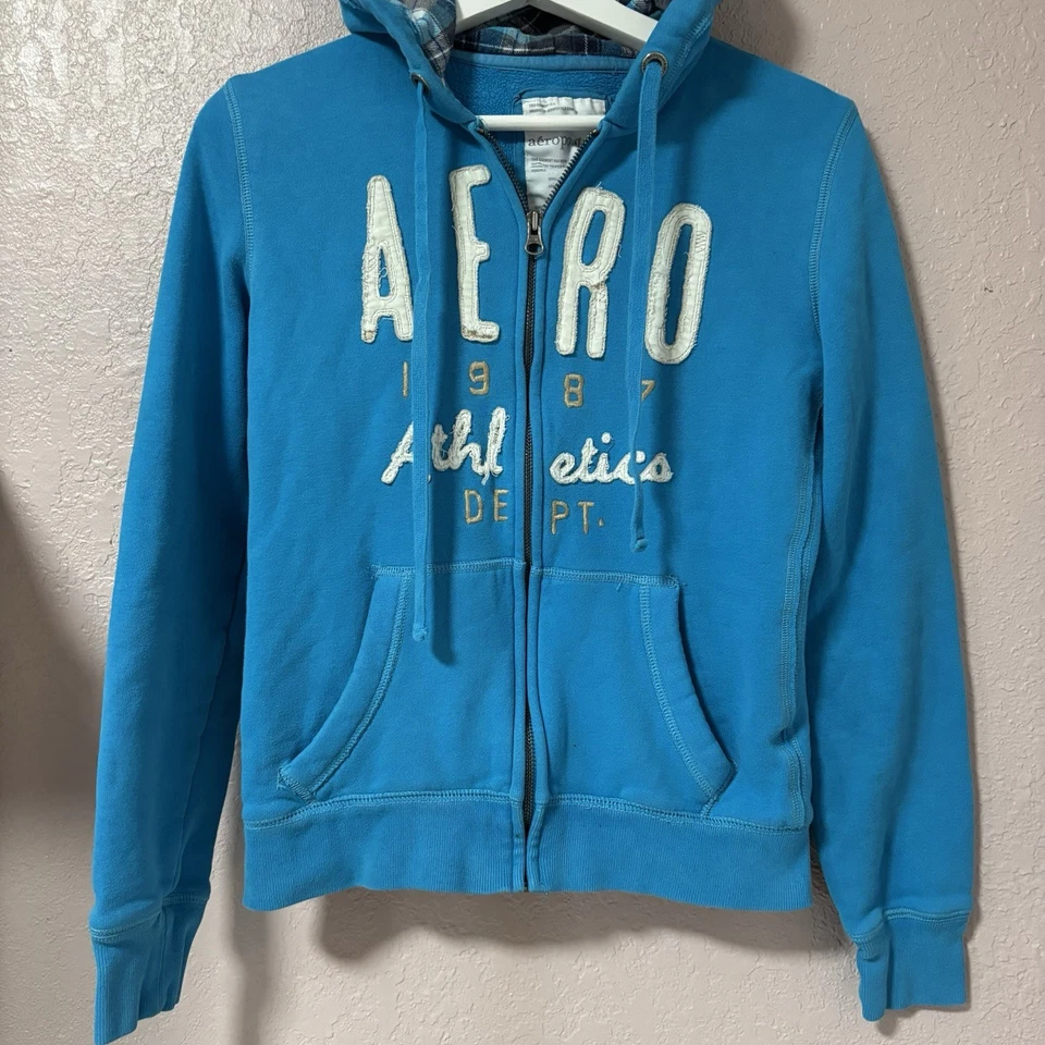 Y2K Aeropostale Teal Blue Zip Up Hoodie Aero Athletics Dept Women Small Plaid - image 2 of 4