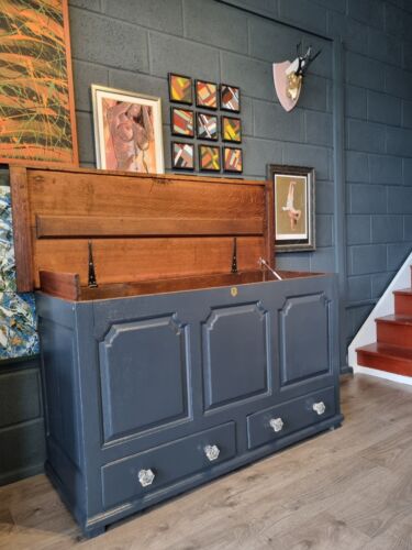 Vintage Panelled Storage Chest with Drawers Painted Blanket Chest Glass Knobs - Picture 3 of 19