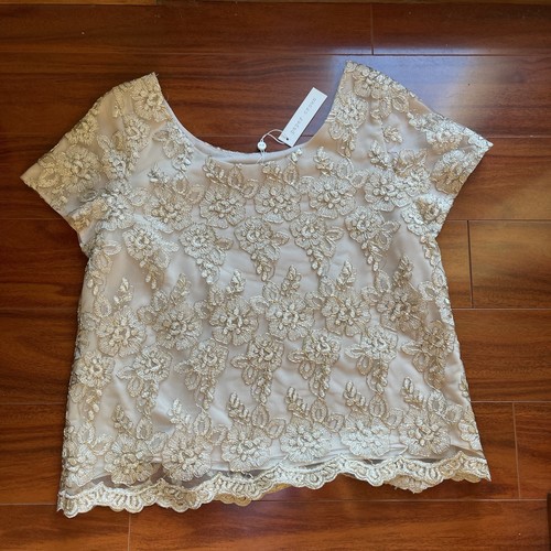 NWT PAPER CROWN WOMENS L IVORY LACE OVERLAY SHORT SLEEVE TOP BLOUSE L USA MADE - Picture 4 of 9