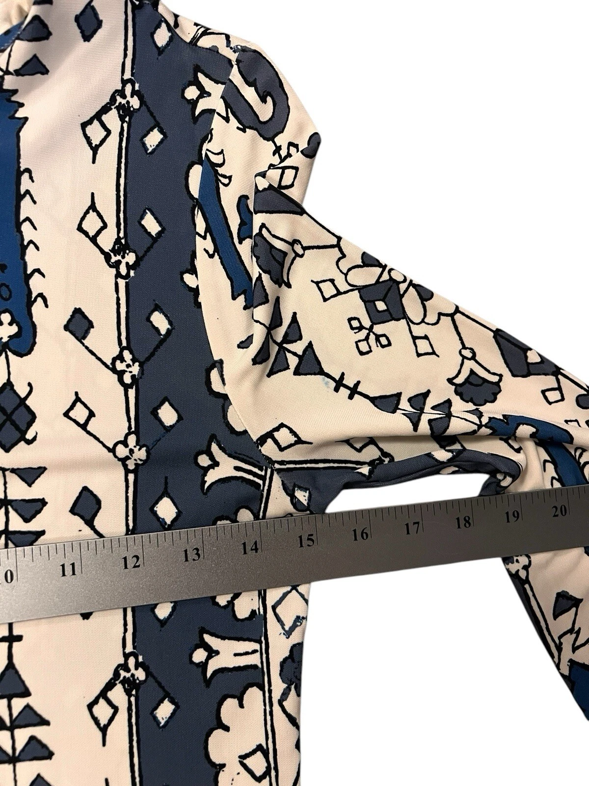 Abito a tubino Tory Burch stampato in jersey opaco manica lunga Malibu blu Lisbona taglia S