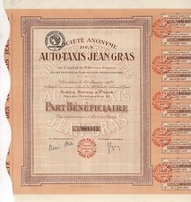 Auto-Taxis Société Anonyme – Certyfikat przyjemności firmy taksówkowej – Paryż, 1924