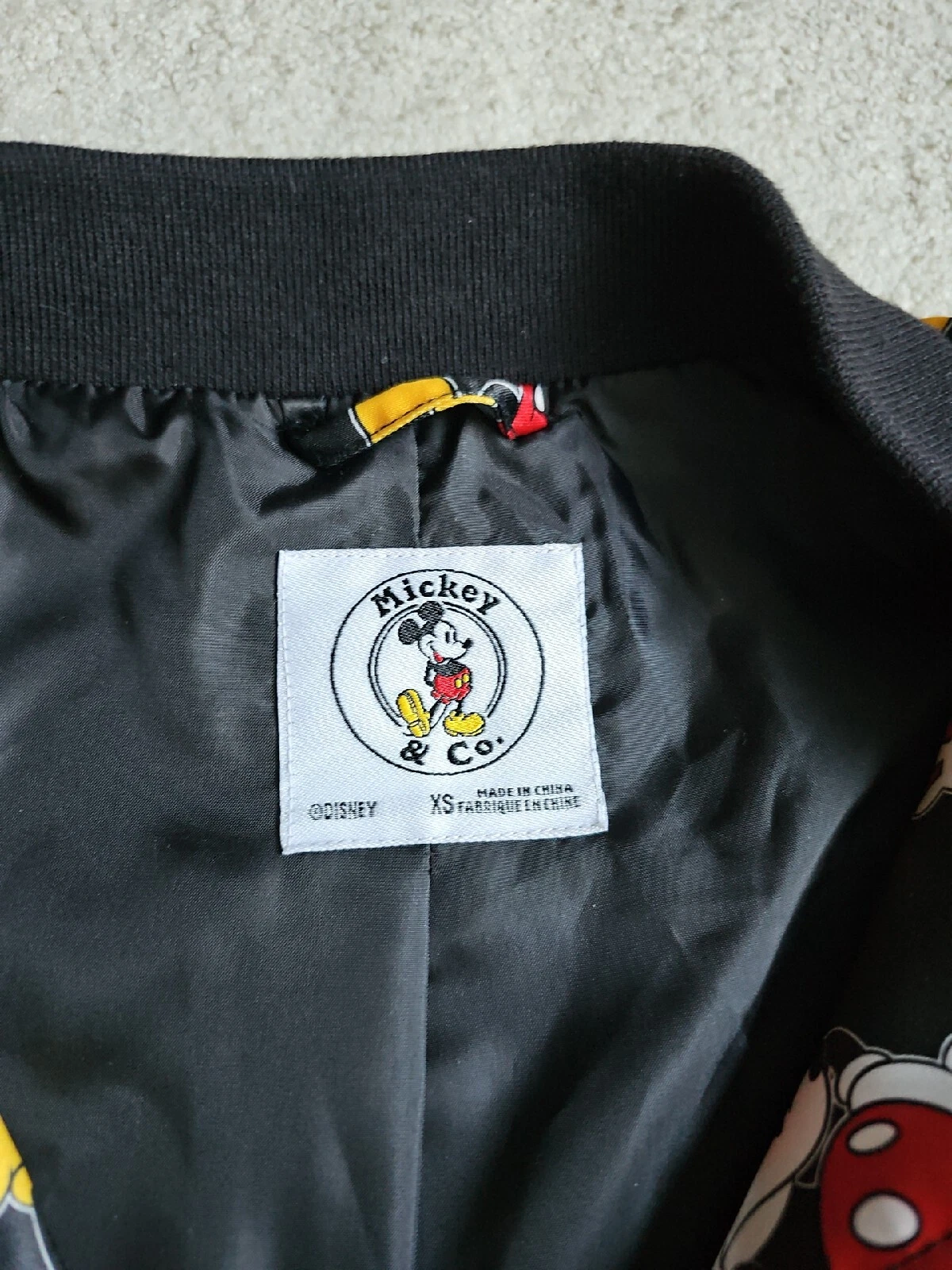 Disney Mickey & Co Bomber Jacket XS Mickey Mouse Print Black Oversized Zippered