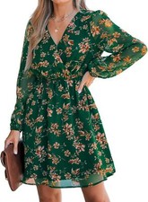 Women's Spring V-Neck Chiffon Mini Dress - Long Peasant Sleeves Flow Style