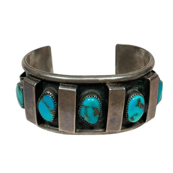 D. CHESS IHMSS Sterling Bar Divider Turouise Cuff Artisan Hand Crafted Bracelet