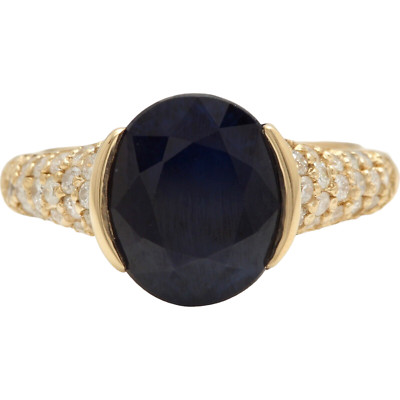 5.00Ct Natural Blue Sapphire & Diamond 14K Yellow Solid Gold Ring