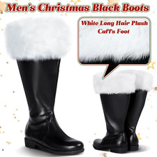 Christmas Santa Claus Boots Wide Cowhide Cuffs Black Boot With White Plush Trim