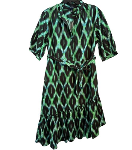 U-Ausschnitt Kleid Größe Large grün mehrfarbig mit Gürtel asymmetrisch Damenkleid
