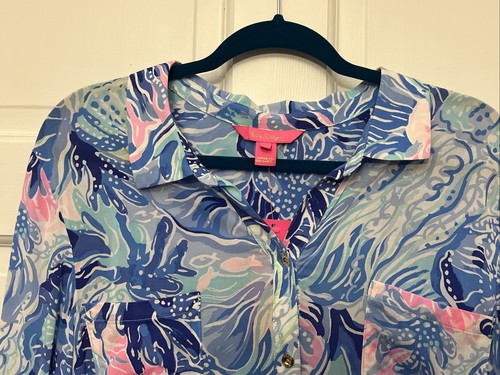 Neu Lilly Pulitzer Natalie Shirtkleid Überwurf Salzwasserblau Large Shade Seeker - Bild 2 von 12