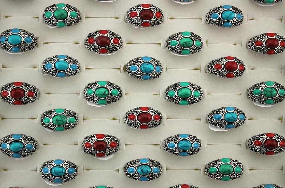 Venta al por mayor Lote de 40 piezas de anillos enchapados en plata pequeños esmaltados en piedra natural anillo para mujer Foto 2 de 4