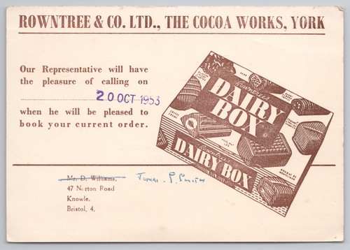 Rowntree Dairy Box sales rep visit card 1953 postcard | eBay UK