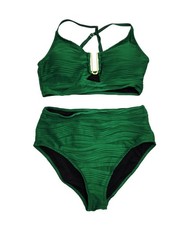 Two-Piece Green Textured High-Waisted Bikini Set Gold Accent Size M Womens