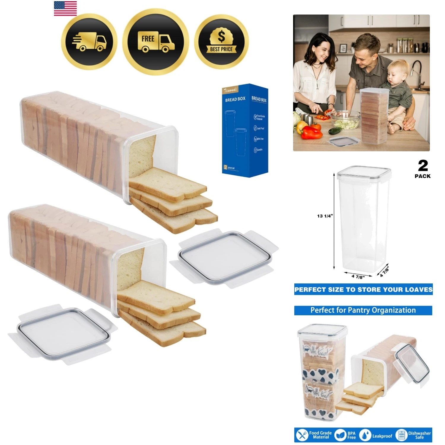 2 Pack Bread Box, Plastic Bread Container, Bread Storage for Kitchen Counter,...
