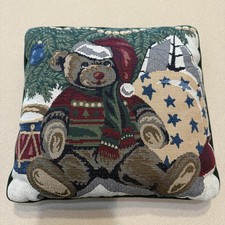 Vintage Christmas Teddy Bear Tapestry Accent Throw Pillow 12  x12  