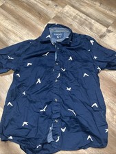 Boys Shirt HAWAIIAN Blue White   Birds Button Collar Cotton Large 14/16 Polo