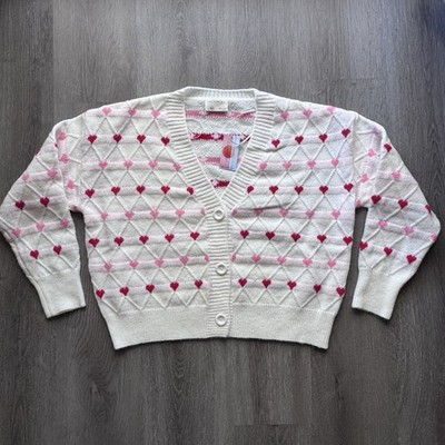 NWT Uncharted Threads Heart Cardigan Sweater Knit Ivory Pink Red Cute S/M