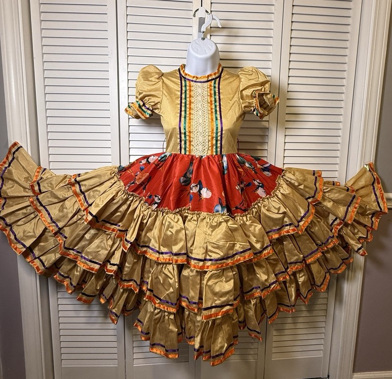 Mexican Folkloric Dance Dress Gold With Purple Orange Ribbon Older Child