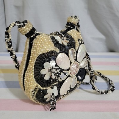 RARE Mary Frances Beaded Floral Mosaic Handbag Pearl Shell Statement Purse