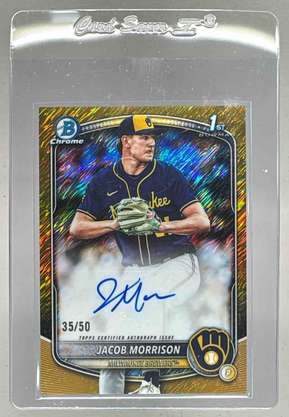 Jacob Morrison 2025 Bowman Chrome Draft Gold Shimmer Refractor Auto 1st RC 35/50
