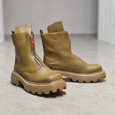 Chunky Sole Olive Green Leather Ankle Boots With Front Zipper And Lug Outsole Fo