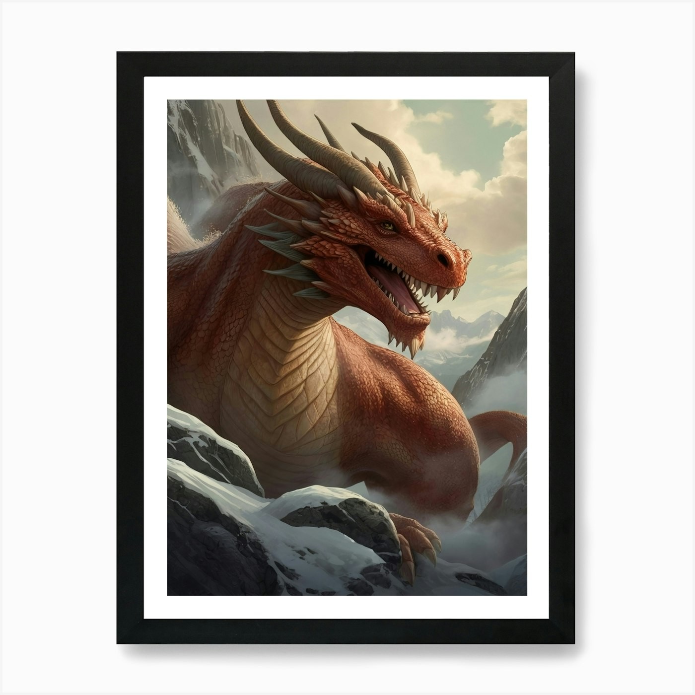 Red Dragon Fantasy Art Framed Canvas Wall Decor Poster