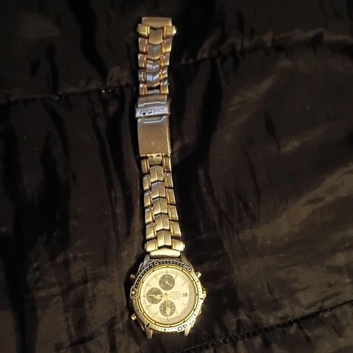 Vtg Seiko Chronograph Men 7T32-7E49 Sport Two Tone Expansion Quartz Watch 7 3/4"