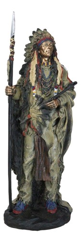 Native American Indian Warrior Chief With Battle Headdress Statue Heritage Decor - Picture 7 of 10
