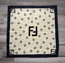 Authentic Vintage Fendi Black Gold Silk Scarf Iconic FF Monogram   34.5  Square