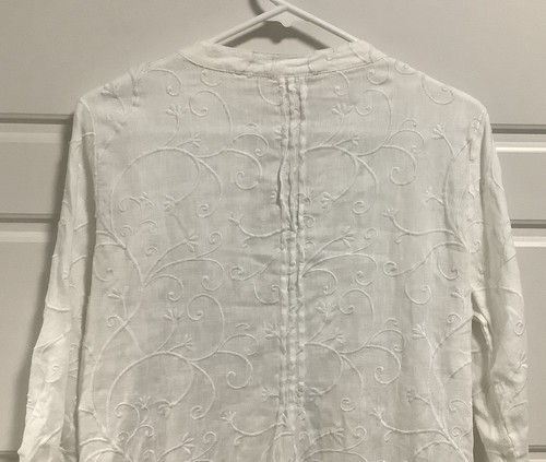 Marina Luna White Linen Tunic Top White Embroidery Roll Tab Sleeves Women’s Sz M - Picture 6 of 7