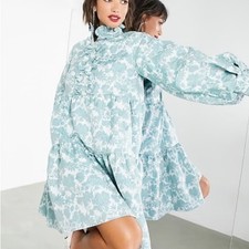 ASOS Antique Blue Floral Jacquard Long Sleeve Tiered Ruffled A-Line Dress Size 6