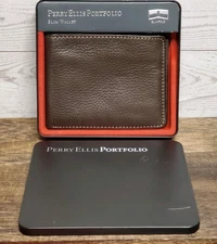 Perry Ellis Portfolio Men's Super Slimfold Bi-Fold Wallet Genuine Brown Leather