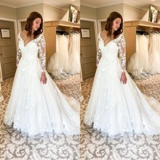 Elegant Wedding Dress Long Sleeves Lace Appliques Beach Sweep Train Bridal Gown