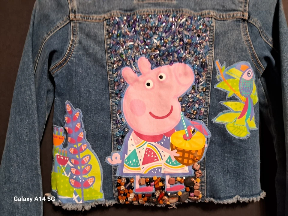  Button Up Blue Jean Denim Jacket Size Large 10/12 Girls Decorated.  SO - Image 3 of 4