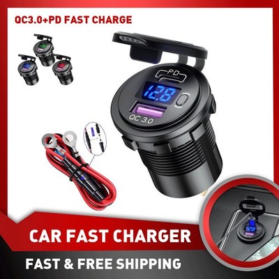 PD QC3.0 USB Car Fast Charger Socket Power Outlet Voltmeter LED Waterproof Blue