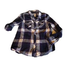 Arizona Jeans Womens Long Sleeve Size M Blue Plaid Roll Tab Sleeve Snap G