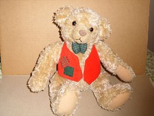 HALLMARK PLUSH TAN CHRISTMAS BEAR 11 IN RED VEST PLAID BOW TIE
