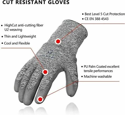 LEVEL 5 PU ANTI CUT PROOF RESISTANT GLOVES GRIP PROTECTION WORK SAFETY GREY